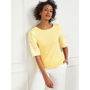 Talbots Womens Woven Sleeve Crewneck Tee Sz XL Yellow Preppy Colorful‎ Casual